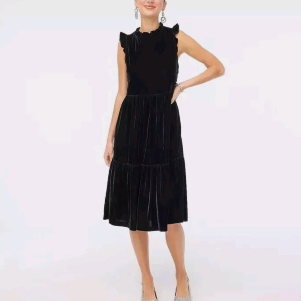 J. Crew Factory Tiered Velvet Midi Dress in Black 10P Sleeveless Ruffled Pockets